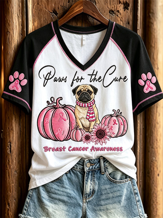 Dames T-shirt met korte mouwen en print van mopshondjes en roze pompoenen ter bewustwording van borstkanker, ‘Paws for the Cure’-collectie