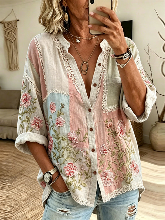 Vintage kagecore roze bloemenblouse met kleurblokprint voor dames