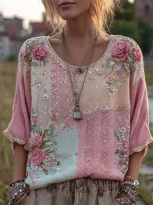 Vintage roze rozen kleurblok textuur kunstprint linnen tuniek voor dames