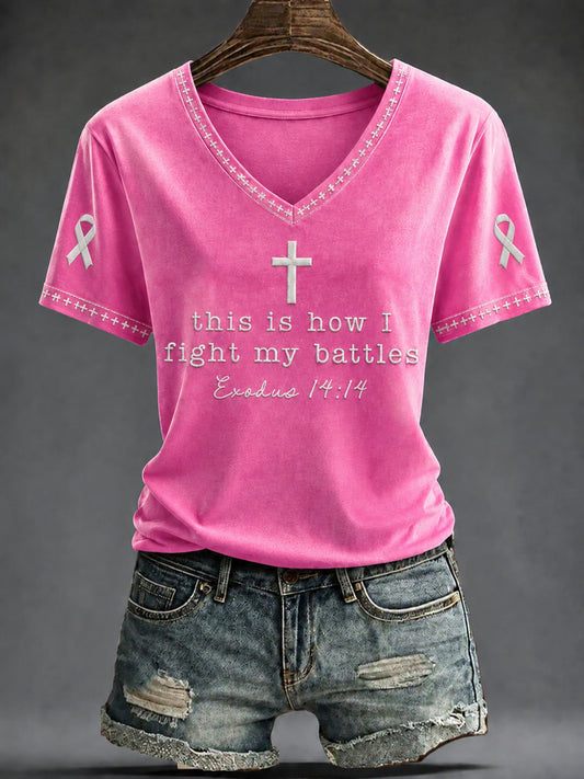 Borstkanker voor dames roze bloemen met V-hals en print T-shirt