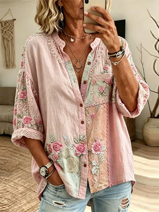 Vintage stijlvolle roze rozen kleurblok kunstprint linnenblouse voor dames
