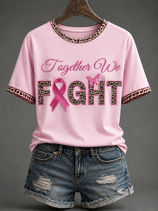 Dames-T-shirt ‘Samen Vechten’ met roze strik ter bewustwording van borstkanker