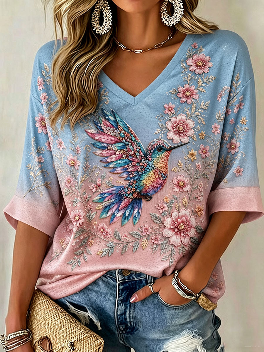 Dames Borstkanker Bewustzijn Bloem Kolibrie Halflange Mouwen V-hals T-shirt