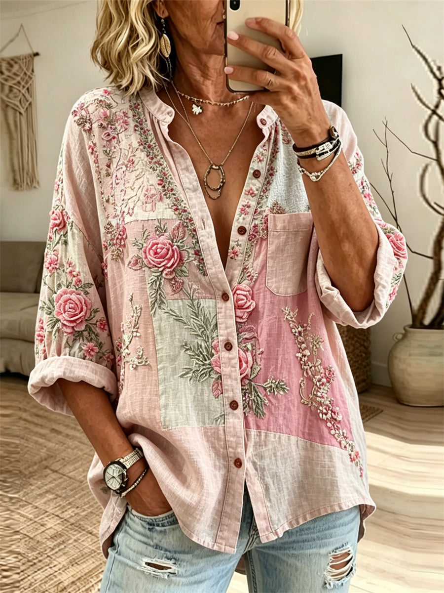 Vintage roze rozen katoen patchwork print linnenblouse voor dames