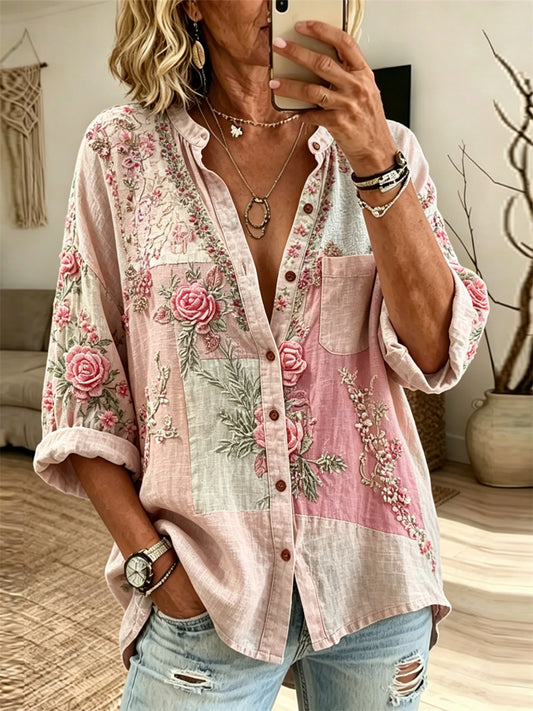Vintage roze rozen katoen patchwork print linnenblouse voor dames