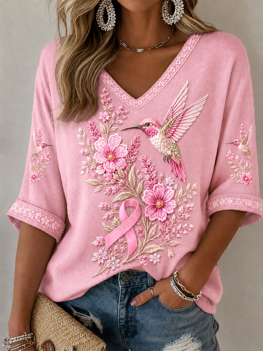 Dames roze bloemen en kolibrie print borstkanker bewustzijn ondersteuning halve mouwen V-hals T-shirt