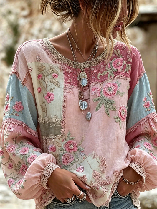 Dames vintage Boho bloemen colorblock print katoen-linnen shirt