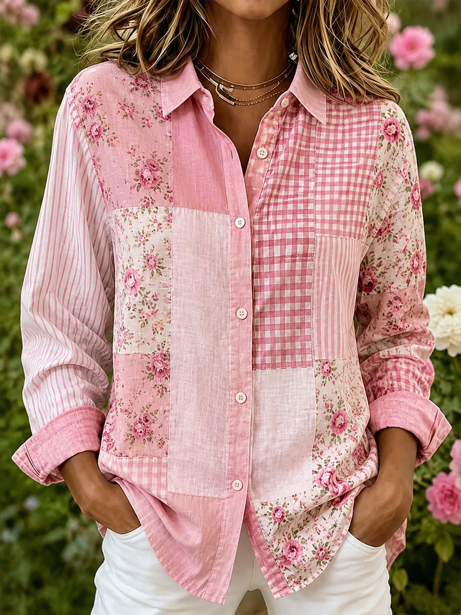 Roze bloemenpatchworkkunst katoenen linnen shirt voor dames