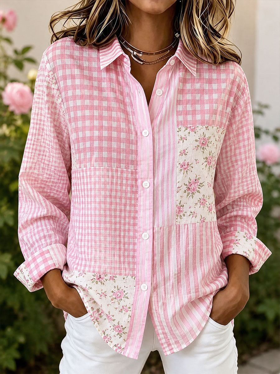 Roze bloemenpatchworkkunst katoenen linnen shirt voor dames