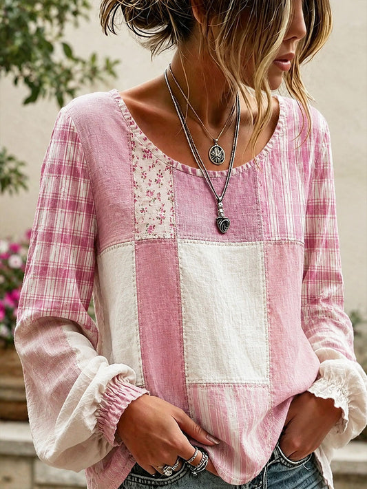Dames roze gebloemde patchwork kunst katoenen linnen shirt