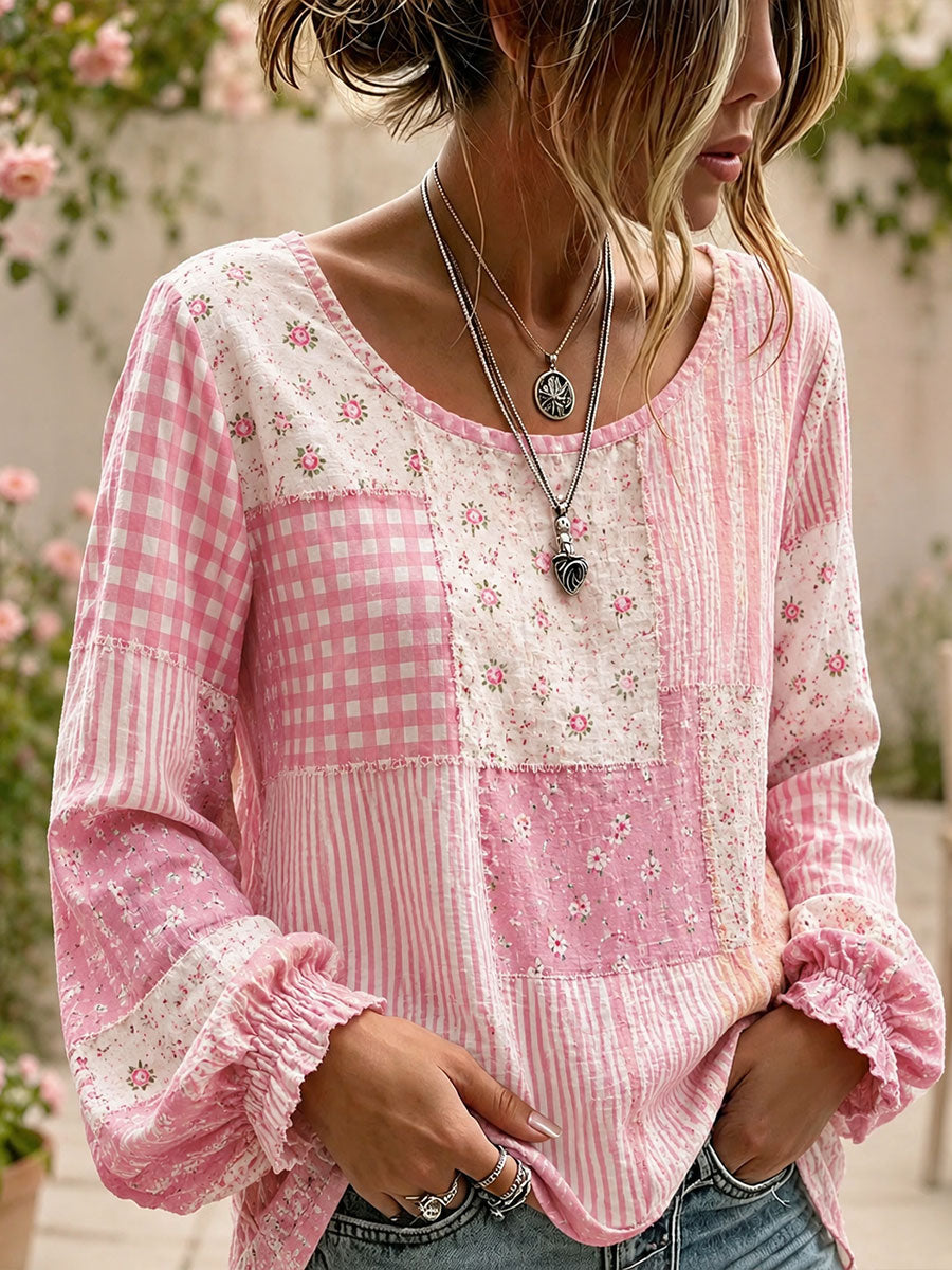 Roze bloemenpatchworkkunst katoenen linnen shirt voor dames