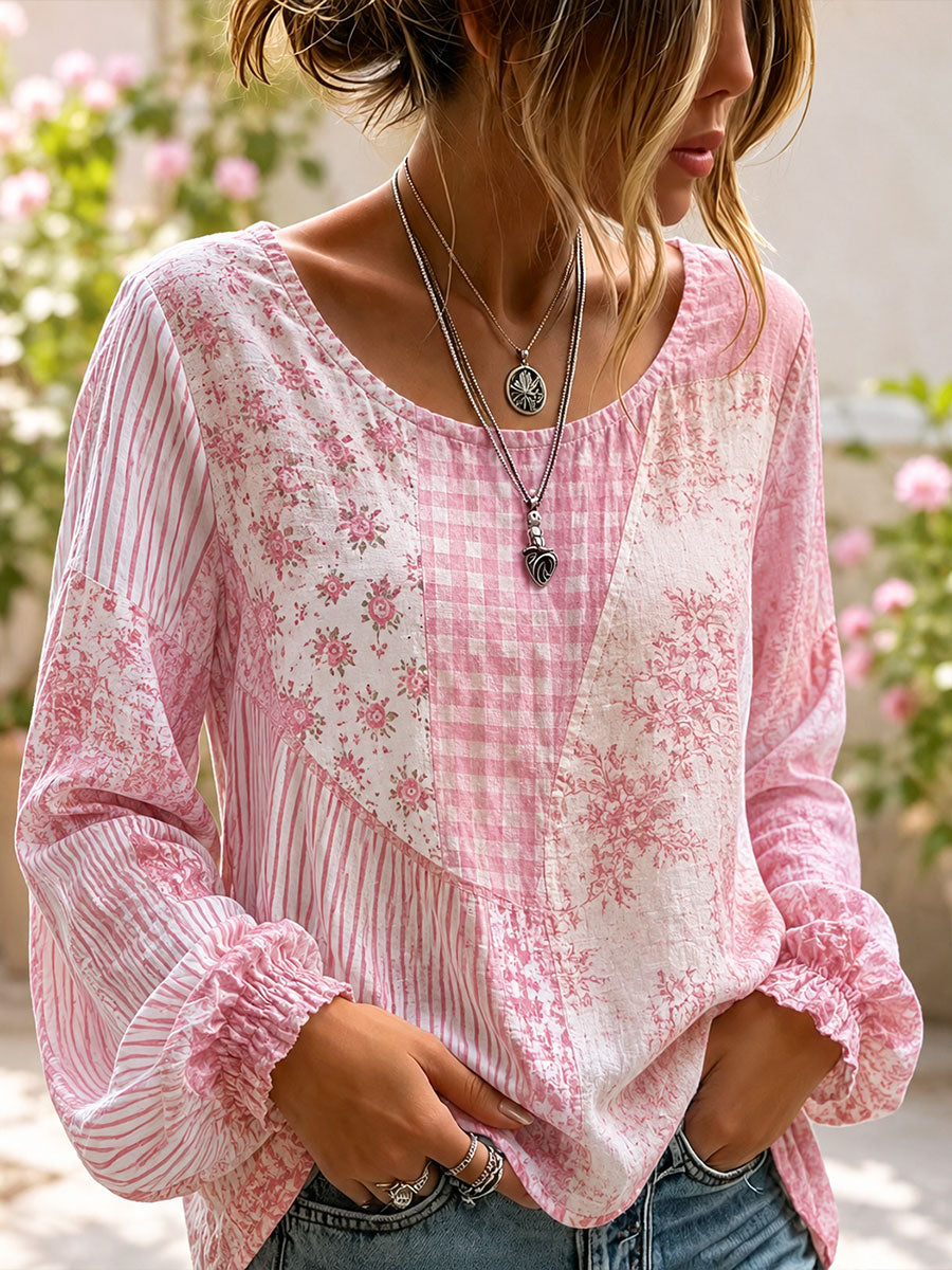 Roze bloemenpatchworkkunst katoenen linnen shirt voor dames
