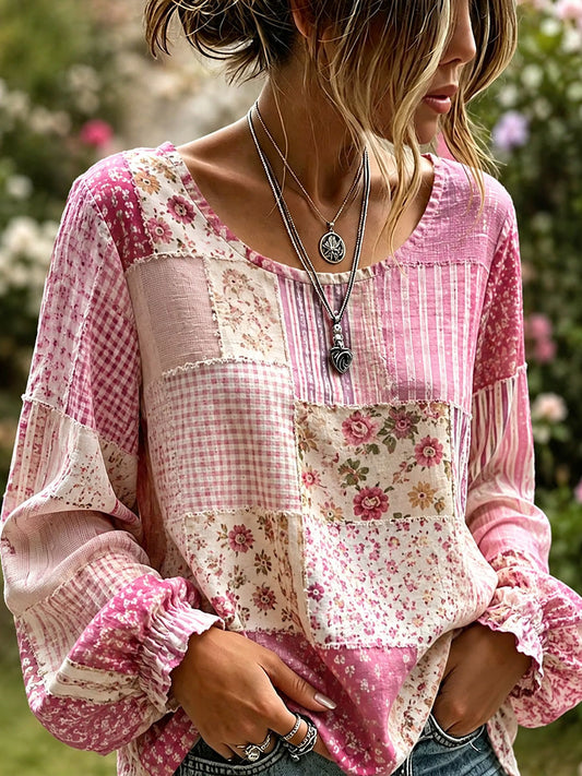Roze bloemenpatchworkkunst katoenen linnen shirt voor dames