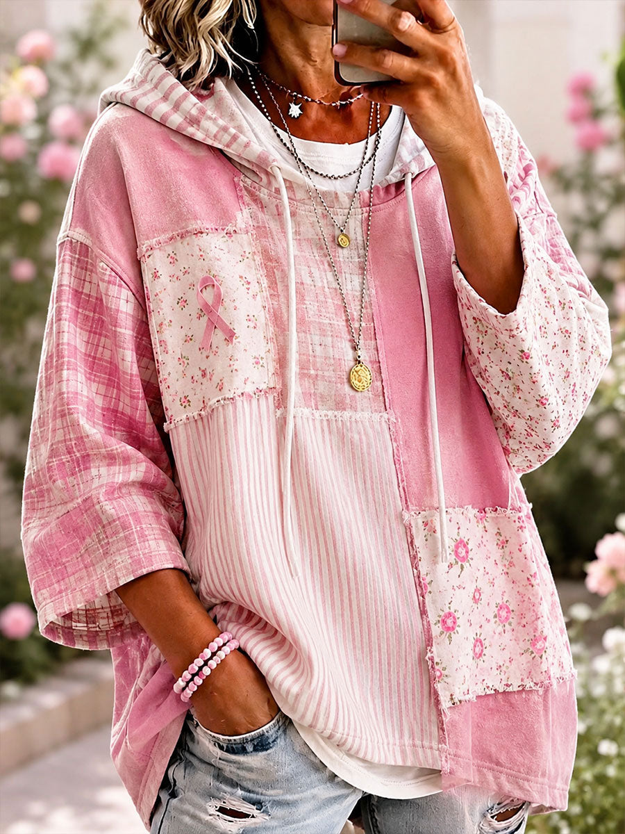 Roze bloemenpatchworkkunsthoody voor dames