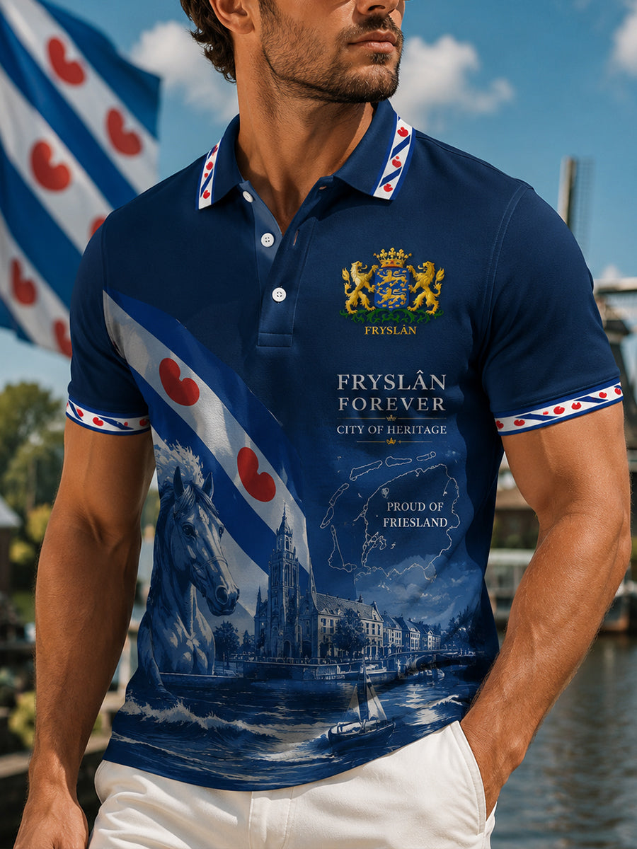 Herenpoloshirt met korte mouwen en stedelijke herdenkingsprint