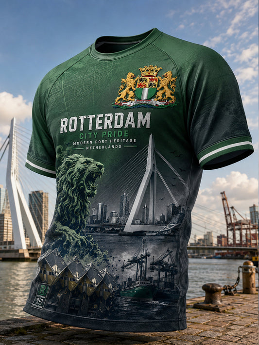 Heren-T-shirt met korte mouwen en raglanmouwen, voorzien van een stedelijke grafische herdenkingsprint