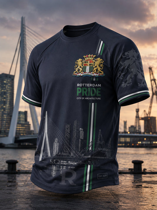 Heren-T-shirt met korte mouwen en raglanmouwen, voorzien van een stedelijke grafische herdenkingsprint