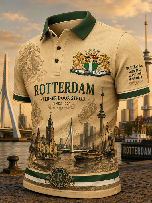 Herenpoloshirt met korte mouwen en vintageprint in souvenirstijl van een stad