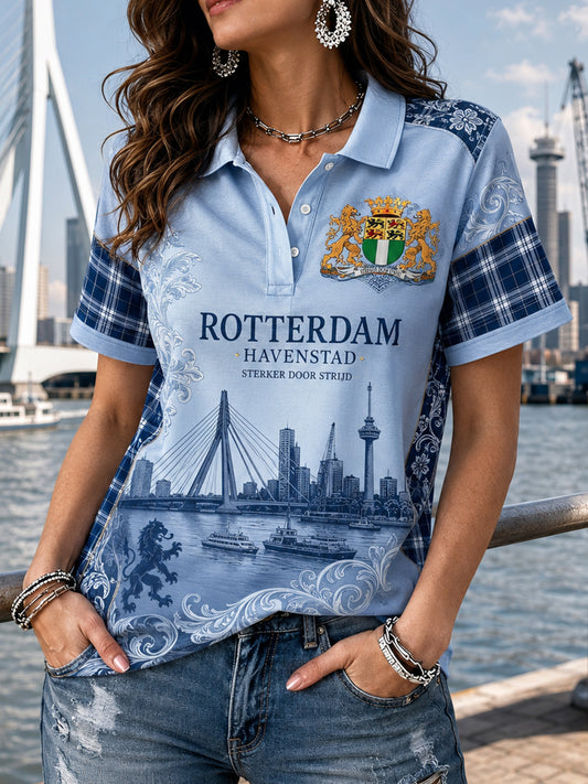Damespoloshirt met korte mouwen en vintageprint in souvenirstijl van een stad