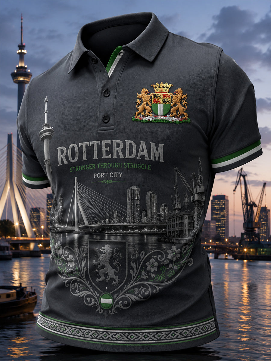 Herenpoloshirt met korte mouwen en vintageprint in souvenirstijl van een stad