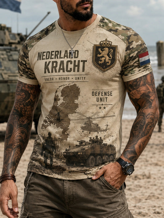 Heren-T-shirt met korte mouwen en vintageprint in militaire stijl