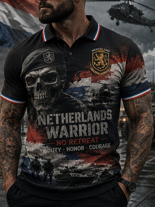 Herenpoloshirt met korte mouwen en vintageprint in militaire stijl