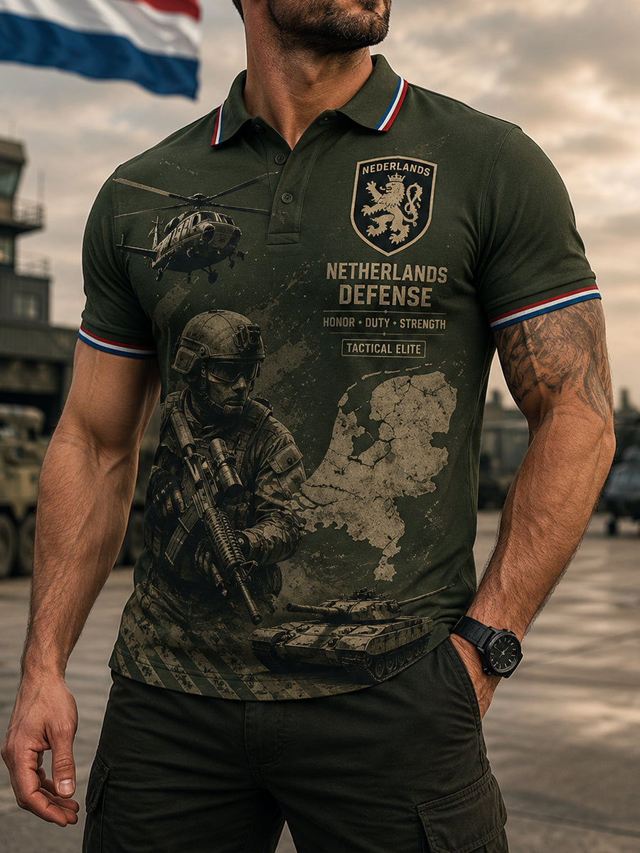 Herenpoloshirt met korte mouwen en vintageprint in militaire stijl