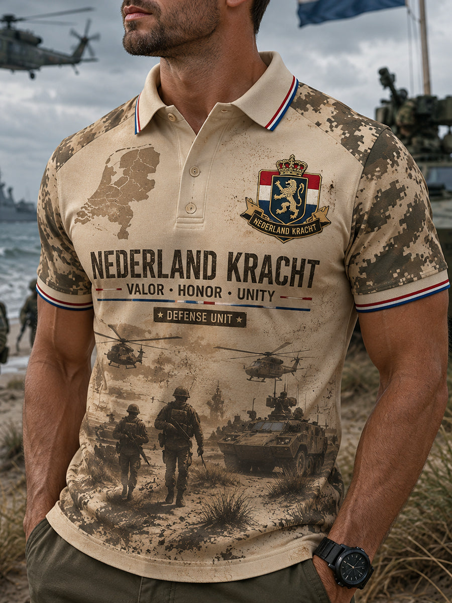 Herenpoloshirt met korte mouwen en vintageprint in militaire stijl