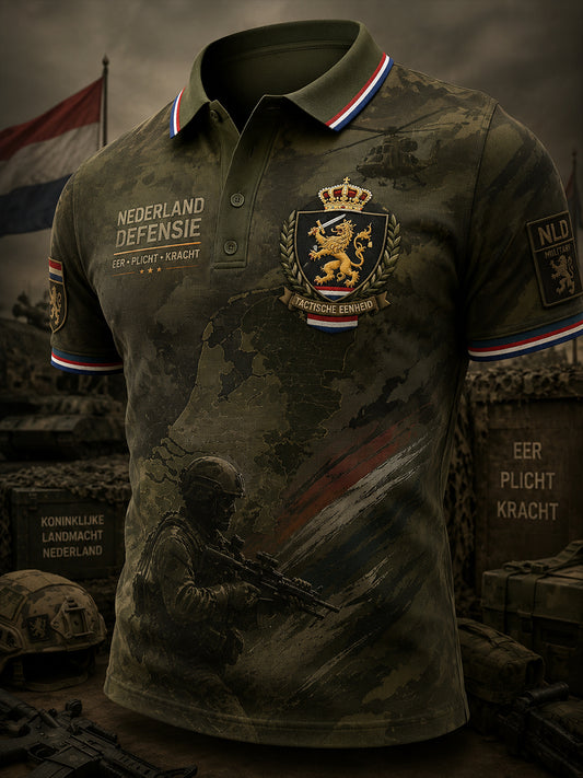 Herenpoloshirt met korte mouwen en vintage print in militaire stijl