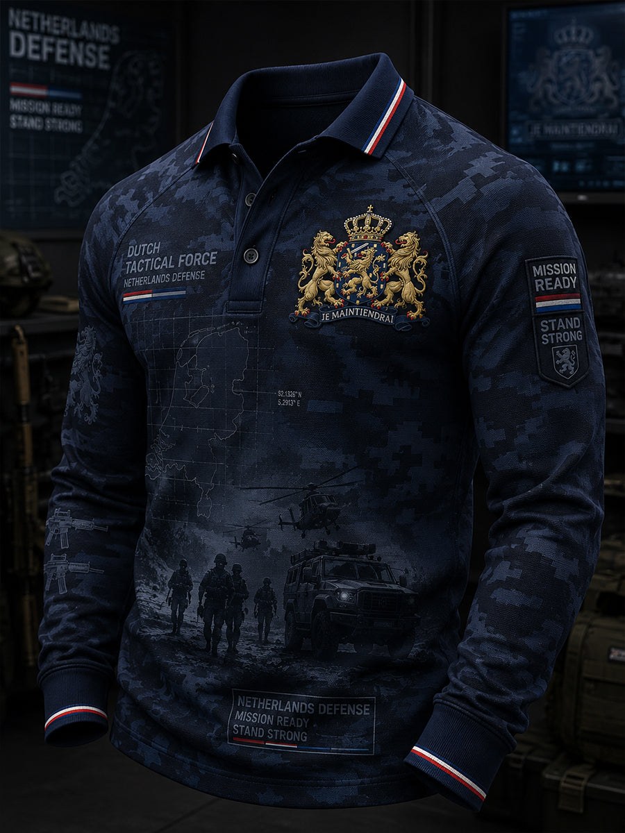 Herenpoloshirt met lange raglanmouwen en vintageprint in militaire stijl