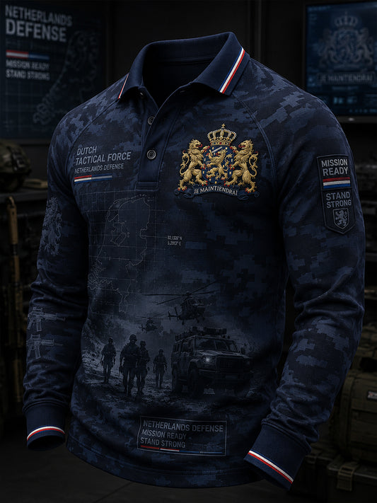 Herenpoloshirt met lange raglanmouwen en vintageprint in militaire stijl