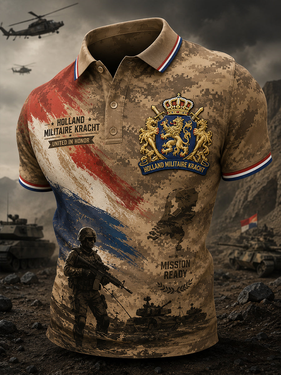 Herenpoloshirt met korte mouwen en vintageprint in militaire stijl