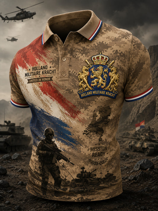 Herenpoloshirt met korte mouwen en vintageprint in militaire stijl