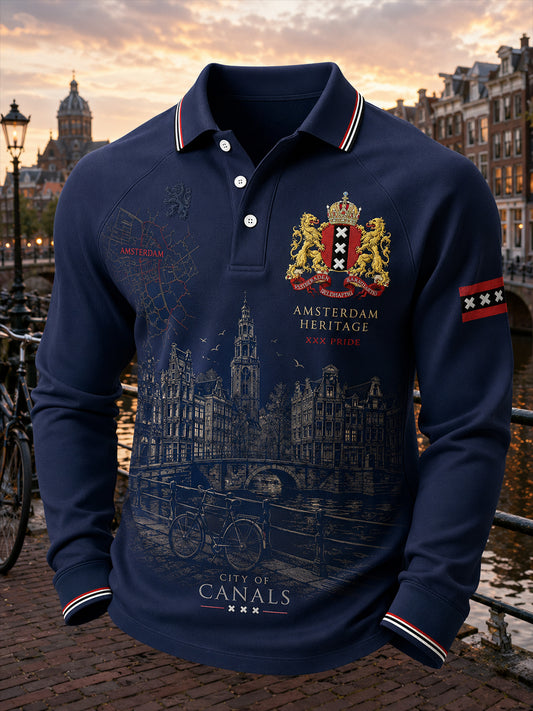 Herenpoloshirt met lange raglanmouwen en grafische print met stadsdesign