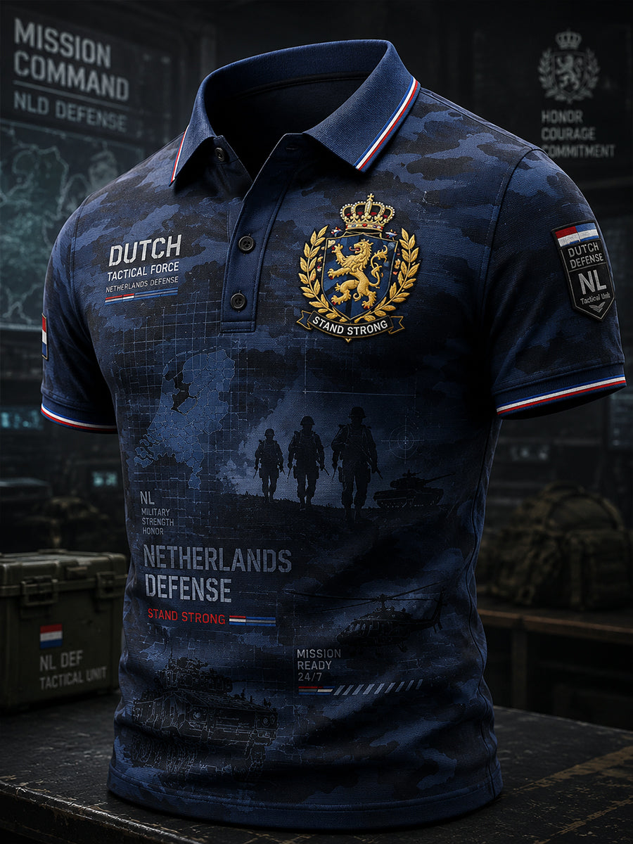 Herenpoloshirt met korte mouwen en vintageprint in militaire stijl