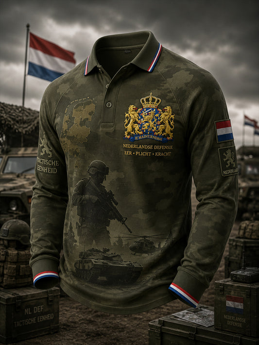 Heren poloshirt met lange mouwen en vintage print in militaire stijl