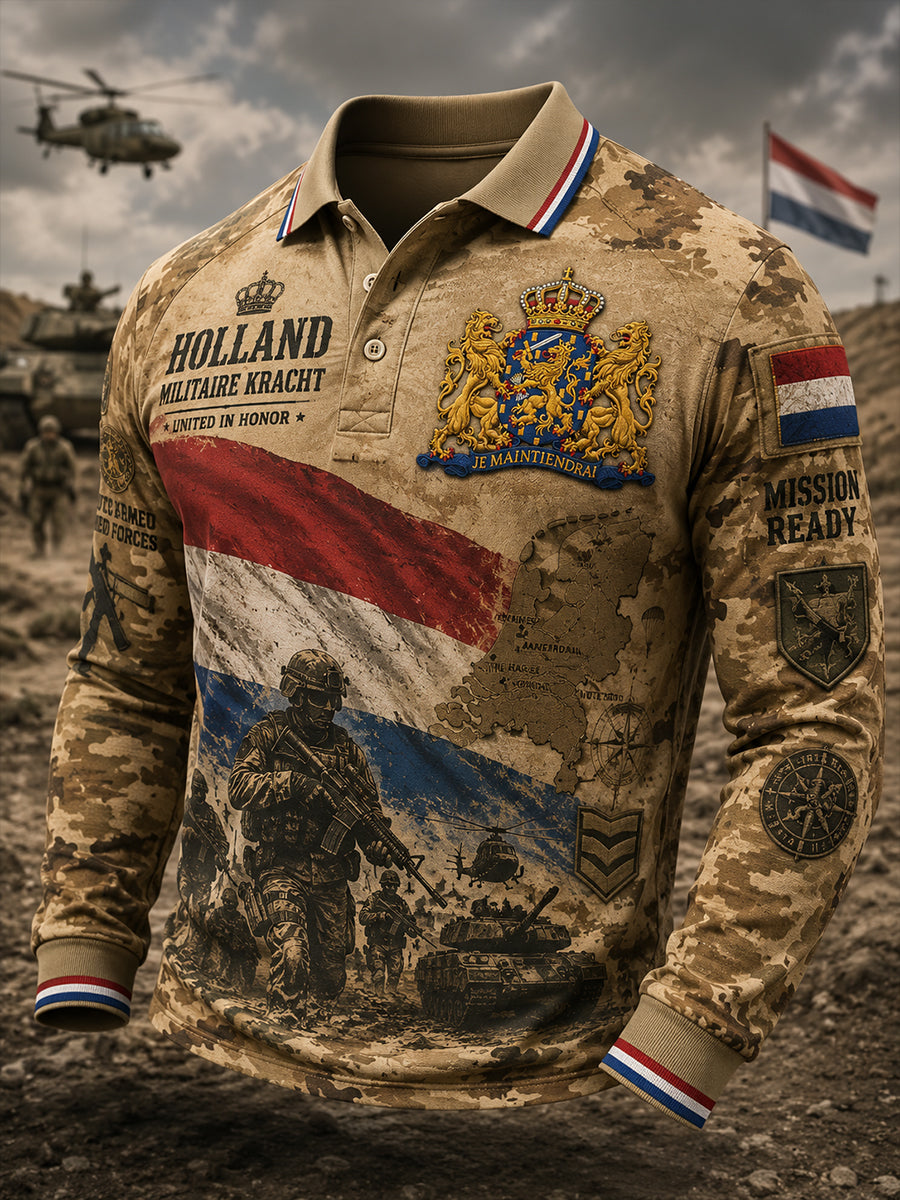 Herenpoloshirt met lange raglanmouwen en vintageprint in militaire stijl