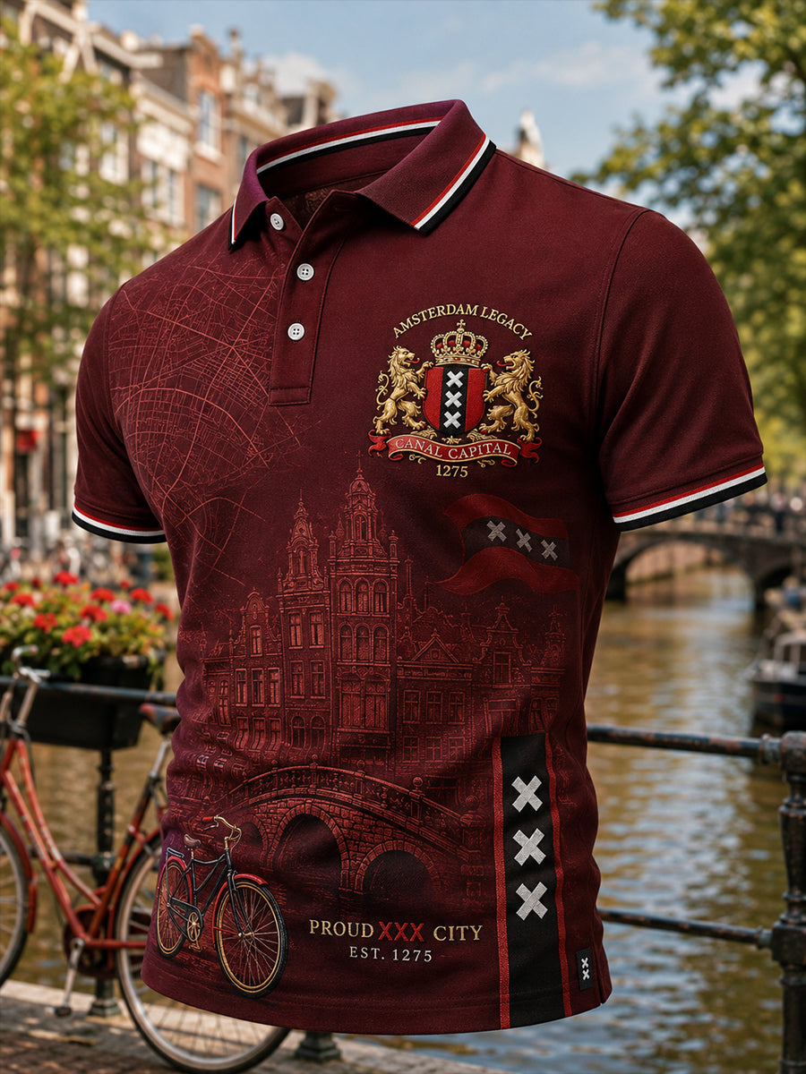 Herenpoloshirt met korte mouwen en stedelijke herdenkingsprint