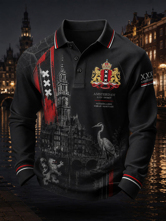 Herenpoloshirt met lange raglanmouwen en grafische print met stadsdesign