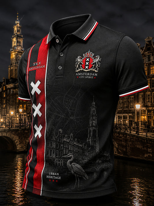 Herenpoloshirt met korte mouwen en stedelijke herdenkingsprint