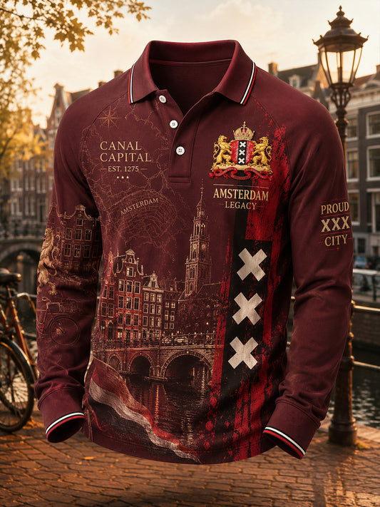 City-thema heren met grafische print Raglan-mouw poloshirt met lange mouwen