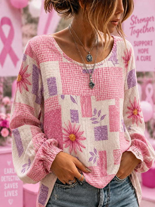 Bewustwording van borstkanker voor dames ondersteunt bloemen roze lint katoenen linnen shirt
