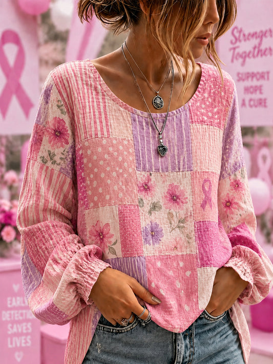 Ondersteuningsshirt voor borstkankerbewustwording bij vrouwen met bloemen en roze lint, katoen-linnen shirt