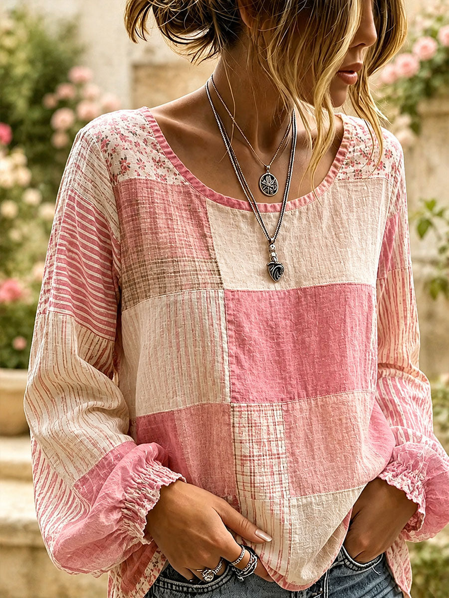 Elegant linnen overhemd voor dames met patchworkontwerp