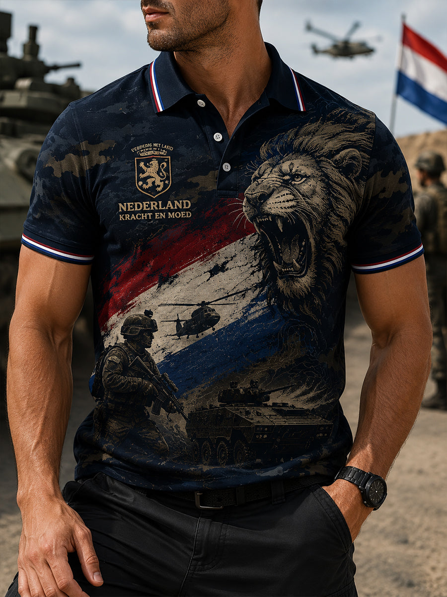Herenpoloshirt met korte mouwen en vintageprint in militaire stijl