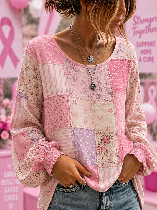 Ondersteuningsshirt voor borstkankerbewustwording bij vrouwen met bloemen en roze lint, katoen-linnen shirt