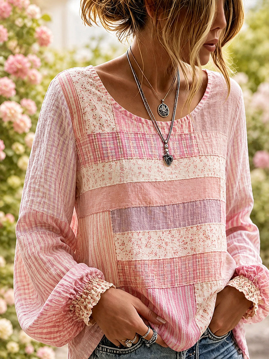 Elegant linnen overhemd voor dames met patchworkontwerp