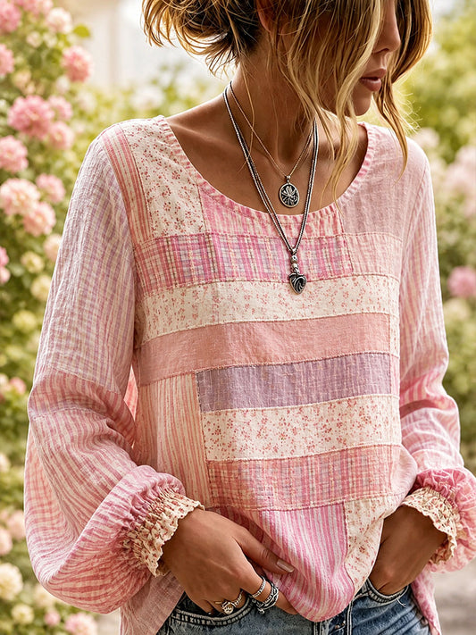Elegant linnen overhemd voor dames met patchworkontwerp