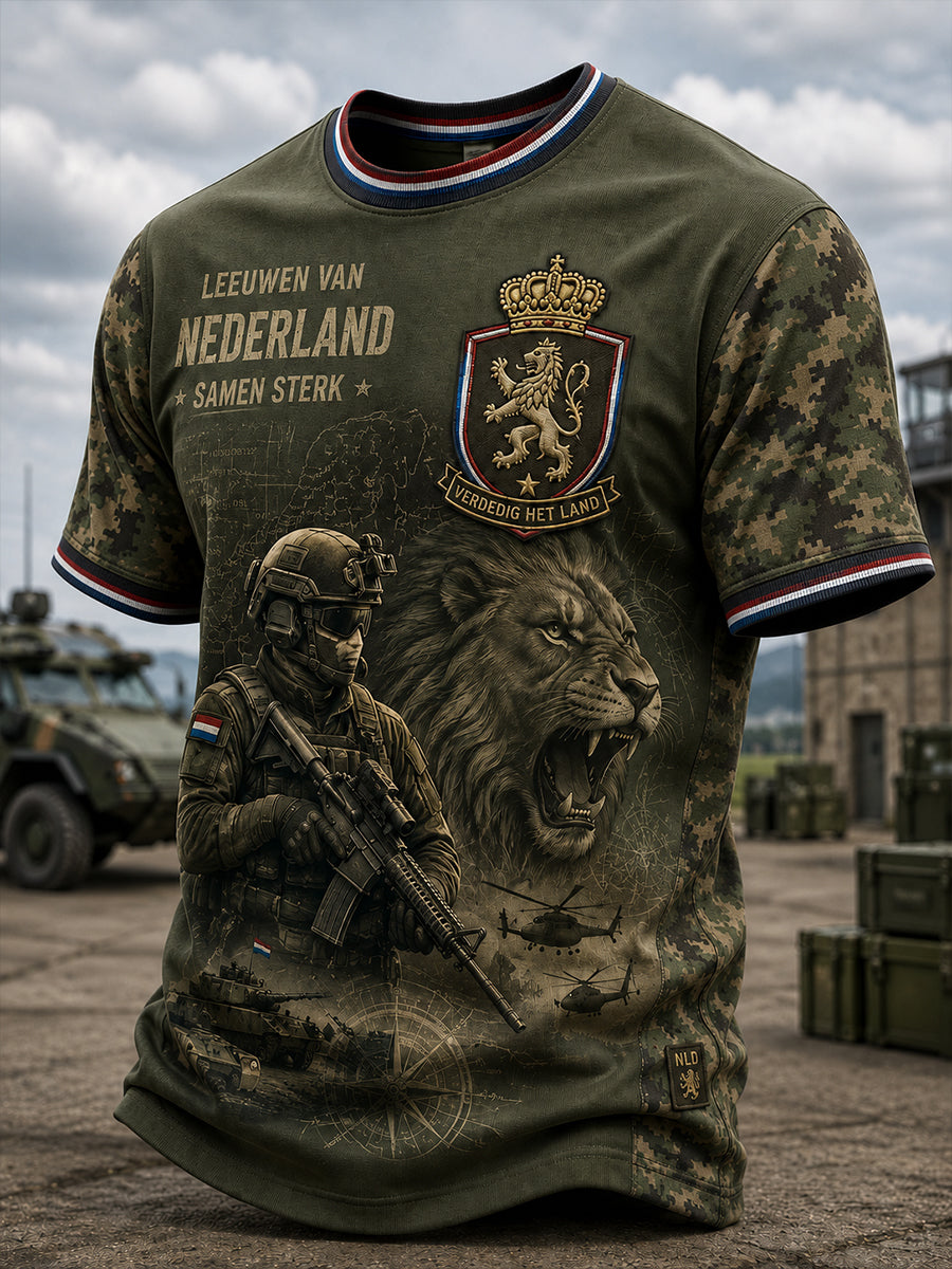 Heren-T-shirt met korte mouwen en vintageprint in militaire stijl