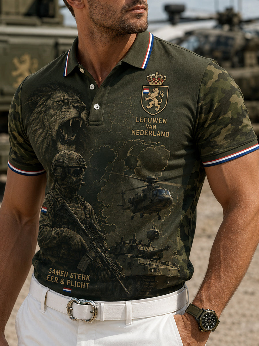 Herenpoloshirt met korte mouwen en vintageprint in militaire stijl